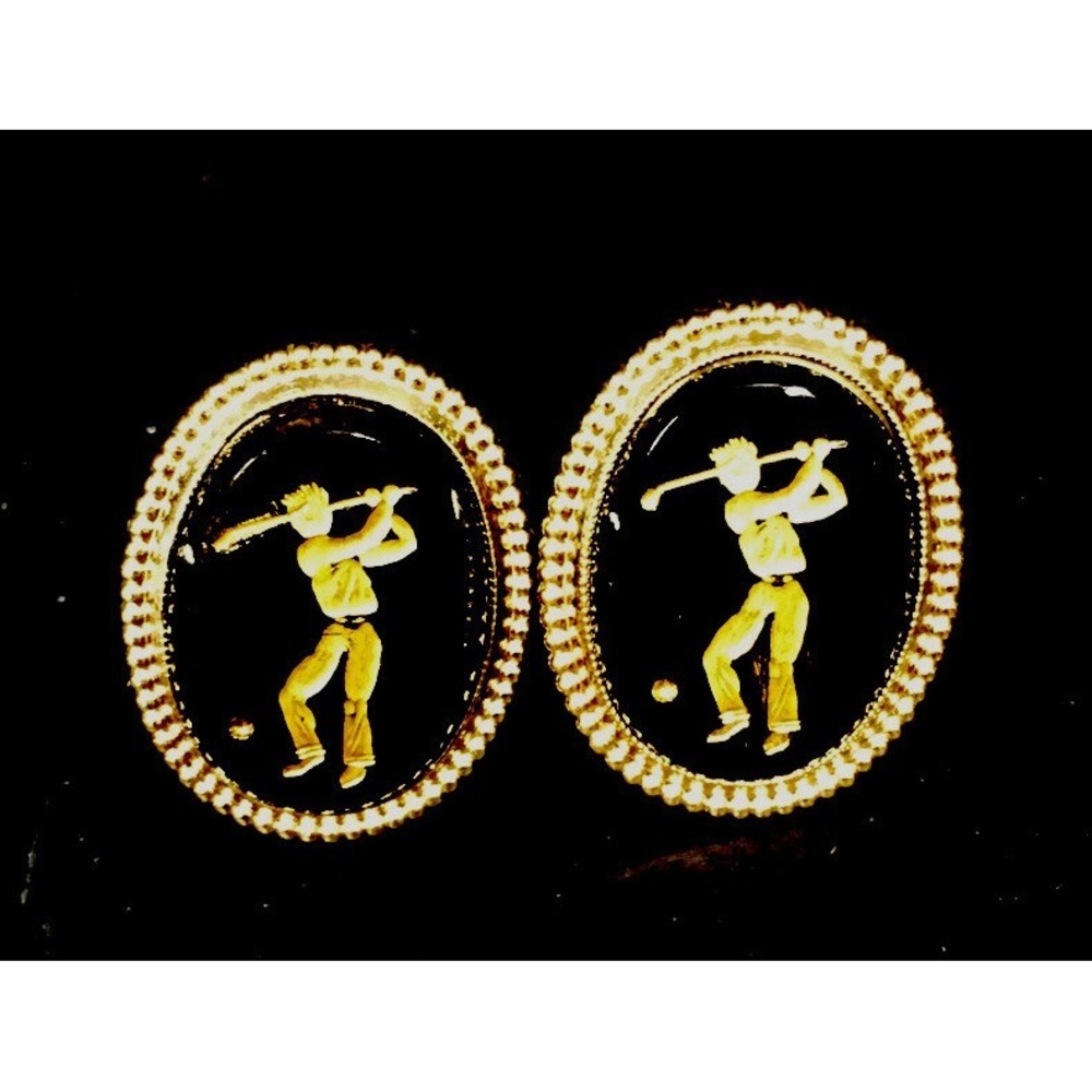 Vintage Golf Gold Tone and Black Cuff Links